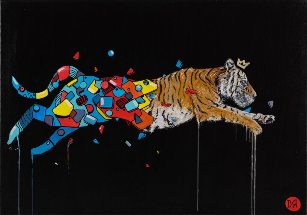 Dominika Radomska Wolność z cyklu Portrety Królów, 2022 obraz sztuka młoda tygrys animalistyka zwierzę kot abstrakcja czarne tło