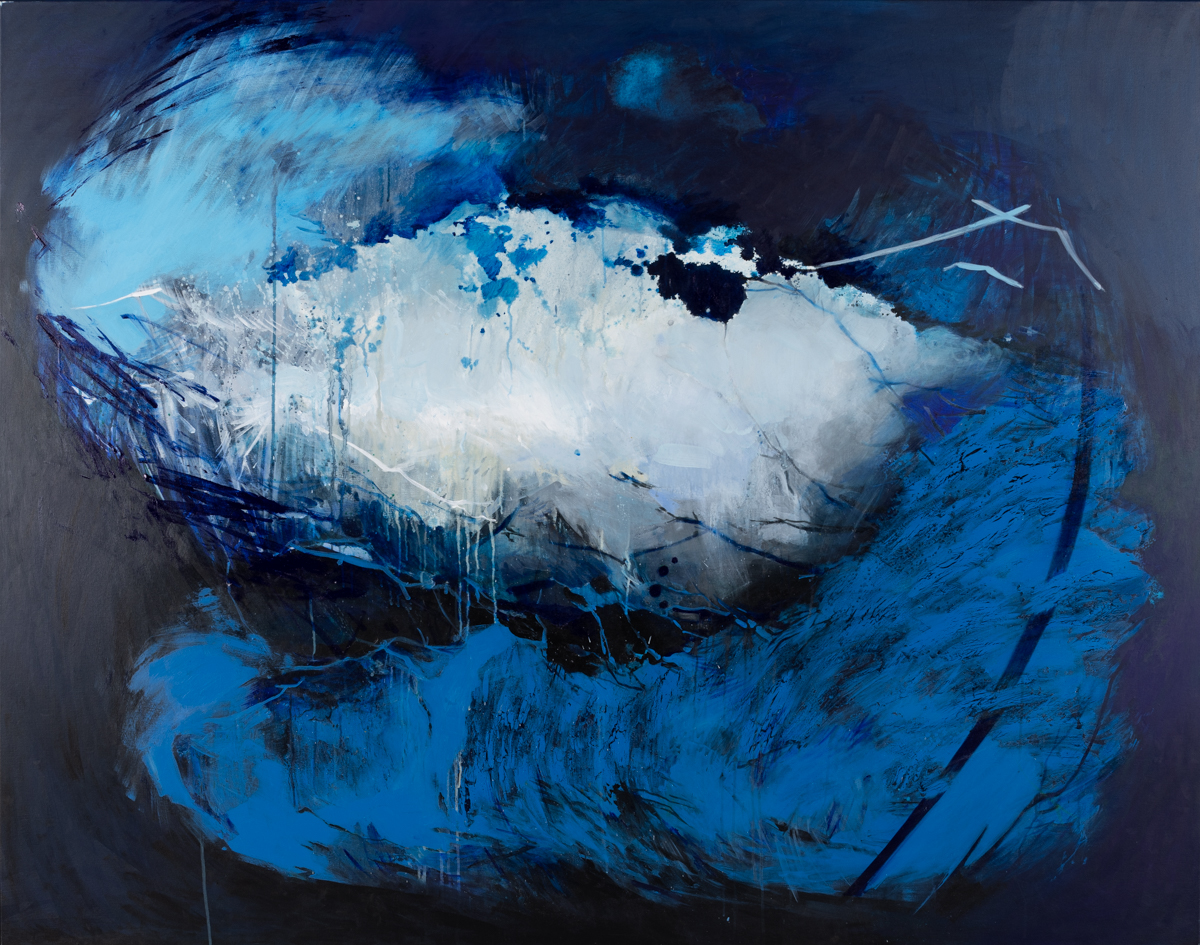 Agata Czeremuszkin-Chrut, Materiały 5, 2021 – duży obraz abstrakcyjny w odcieniach błękitu i granatu na czarnym tle