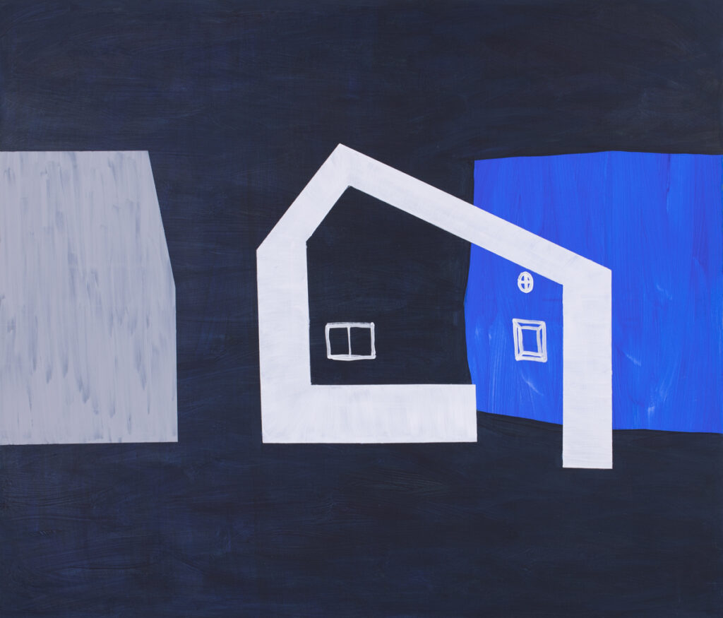 Joanna Mrozowska Znikające domy, 2022 młoda sztuka niebieski granatowy duży format dom minimalizm architektura w malarstwie