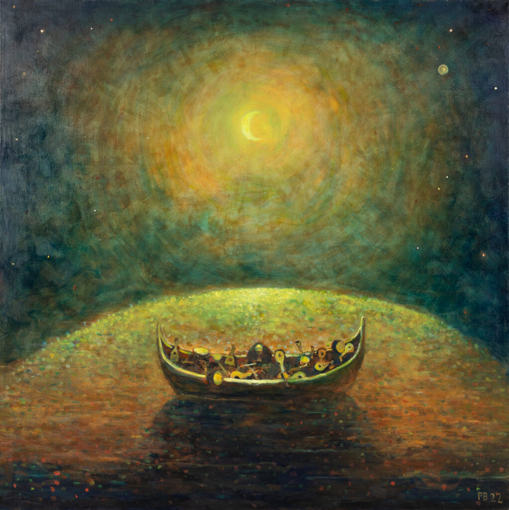 Piotr Banaszkiewicz Pejzaż z instrumentami, 2022 surrealizm magiczny łódka księżyc zielony żółty człowiek na wodzie
