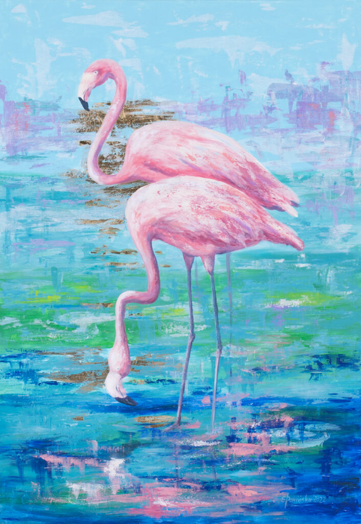 Elżbieta Ponińska, Flamingi, 2022 - kolorowy obraz z flamingami nad wodą