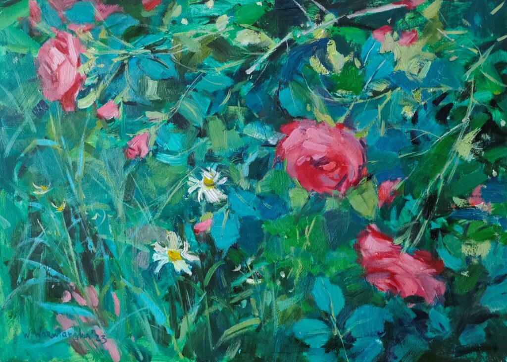 Vira Varvianska, W ogrodzie matusi, 2023 - obraz z łąką i kwiatami