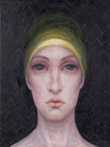 Iza Staręga z cyklu Kobiety w chustach, 2022 portret sztuka współczesna kobieta akt twarz smutna czarny zielony obraz