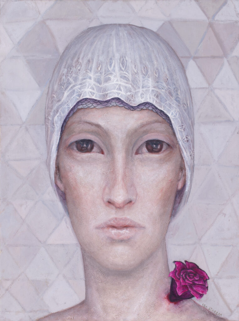 Iza Staręga z cyklu Kobiety w chustach, 2022 portret sztuka współczesna kobieta akt twarz smutna pastelowe kolory różowy szary beżowy obraz