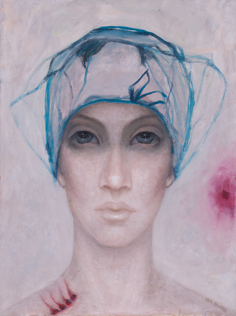 Iza Staręga z cyklu Kobiety w chustach, 2022 portret sztuka współczesna kobieta akt twarz smutna pastelowe kolory różowy szary beżowy obraz
