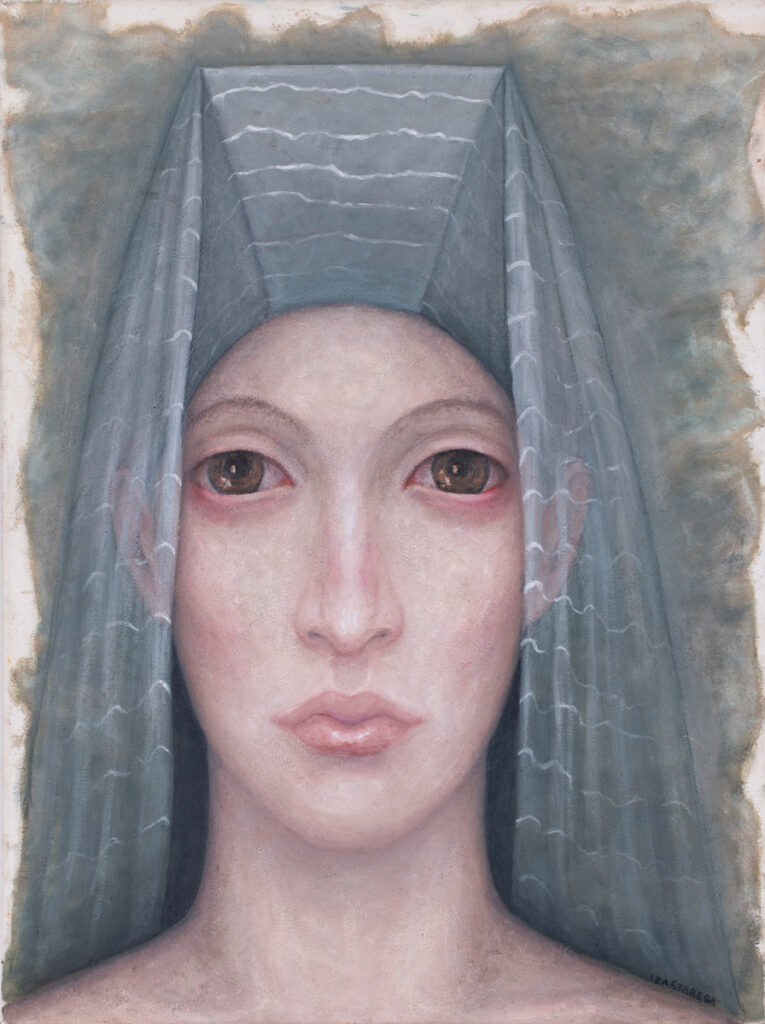 Iza Staręga z cyklu Kobiety w chustach, 2022 portret sztuka współczesna kobieta akt twarz smutna pastelowe kolory różowy szary beżowy obraz niebieska zielona