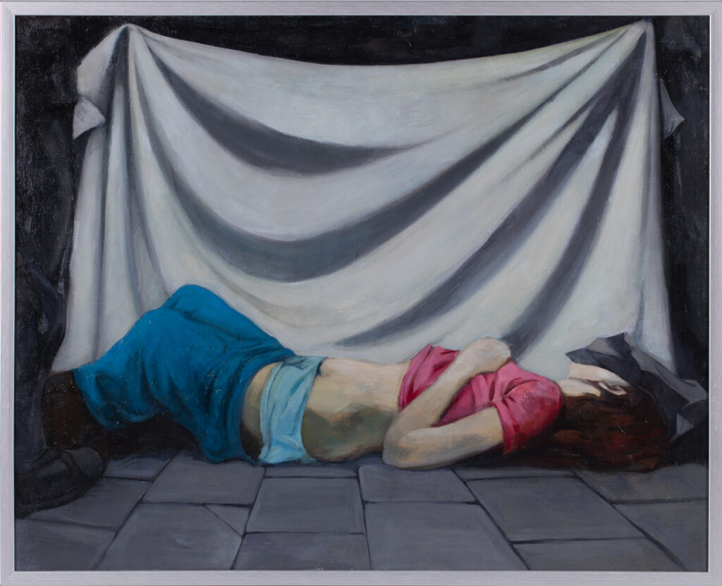 Maciej Bienias, Z okna, 1972 obraz prostytutka ciało martwe policja kobieta akt śmierć materiał milicjant grupa wprost