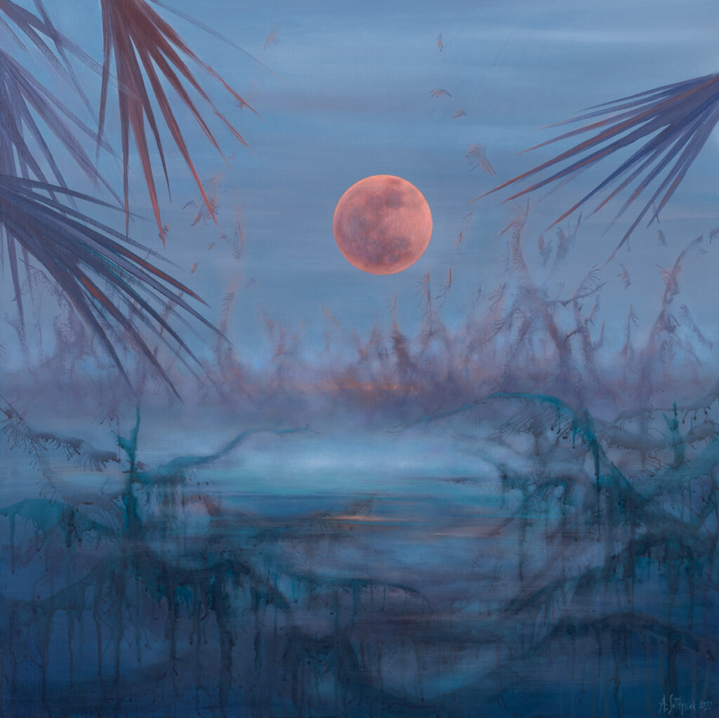 Anna Sołtysiak, Louisiana dream, 2022 - nastorjowy pejzaż z roślinami i księżycem