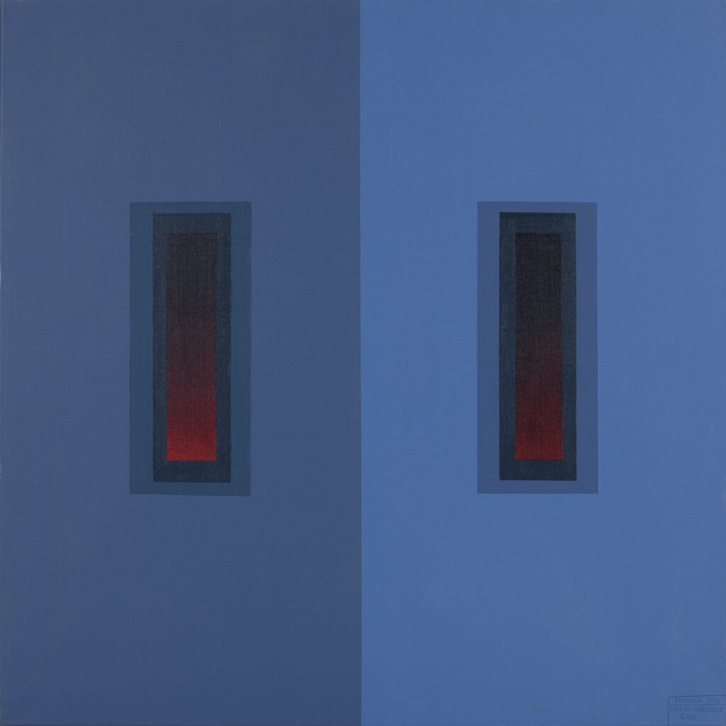 Jerzy Tomala, Dąb w ogrodzie, 2013 - geometryczna abstrakcja z czerwonymi prostokątami na niebieskim tle