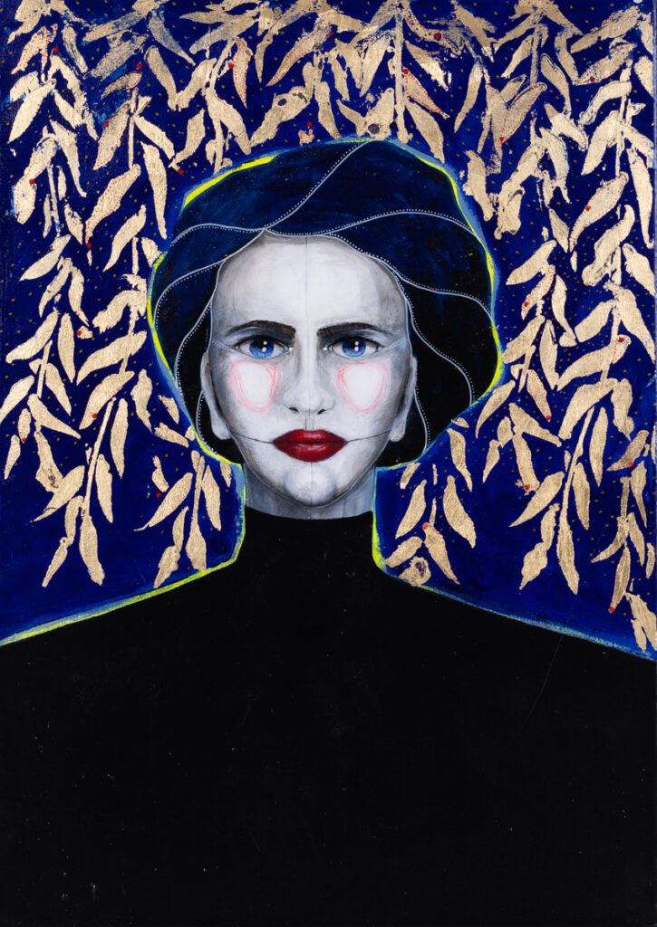 Agata Wereszczyńska Meduza, 2023 portret kobiecy twarz mały format granatowy obraz