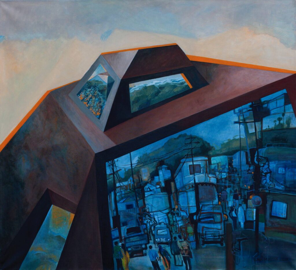 Ewa Miazek, Darjeeling, 2012 - niebiesko-brązowy obraz z architekturą