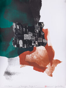 Leonard Pędziałek, Brooklyn Funky I, 2022 - grafika z miejskim widokiem w odcieniach zieleni, czerni i czerwieni