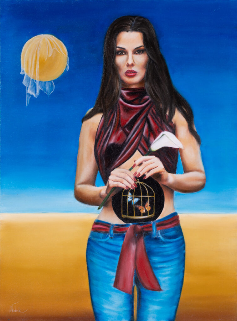 Artem Tuliuk, Wybór, 2022 - obraz z kobietą na niebiesko-żółtym tle