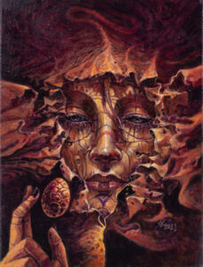 Krzysztof Krawiec, Jajo węża, 2023 - surrealistyczny obraz z kobiecą twarzą