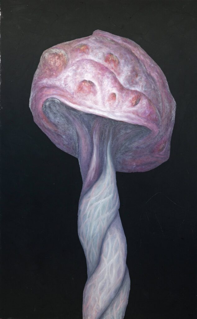 Iza Staręga, Bez tytułu z cyklu Wnętrznienie, 2018 - surrealistyczny obraz z różowym grzybem