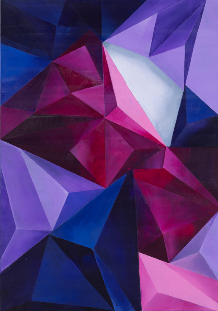 Marlena Kaczerska Trójkąty, 2022 abstrakcja geometryczna różowa fioletowa purpurowa kwadraty malarstwo młode