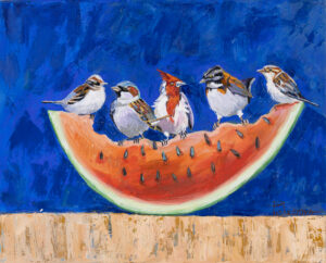 Hanna Pushkarova, Wróble, 2023 - dekoracyjny obraz z ptakami siedzącymi na arbuzie
