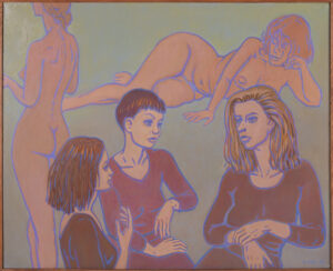Zbigniew Mil , Dziewczyny w fiołkowym obrysie, 1995 - obraz figuratywny z kobiecymi postaciami