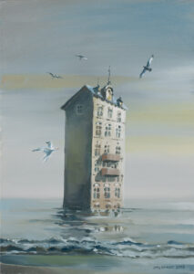 Grzegorz Ziółkowski, Pustka, 2008 – surrealistyczny obraz z domem na wodzie