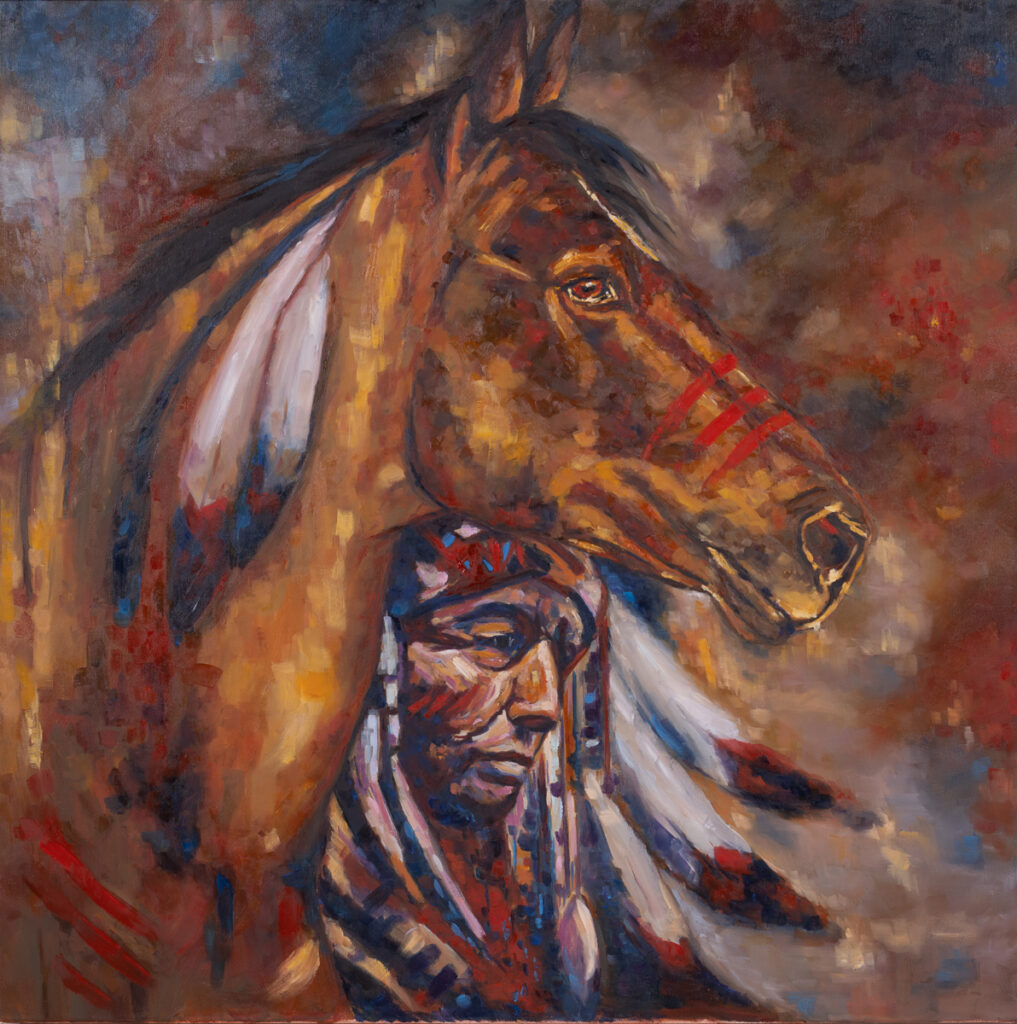 Izabela Szarek, Wojenny koń, 2022 - obraz z indianinem w pióropuszu i koniem
