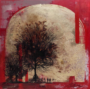 Vanessa Świgulska, Czekając na powrót smoka, 2023 – dekoracyjny złoto-czerwony obraz z drzewem