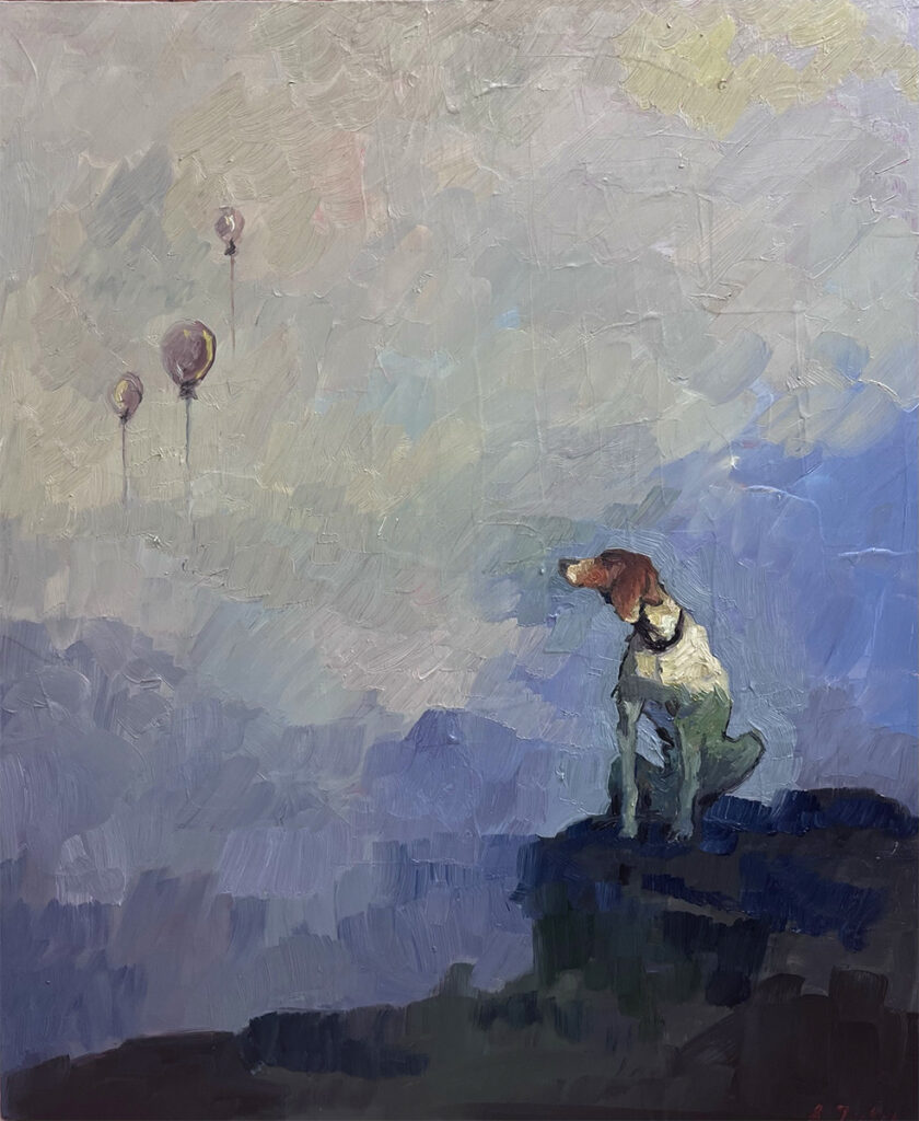 Anzhela Tistyk Marzenie, 2022 pies pejzaż baloniki obraz z psem piesek niebo