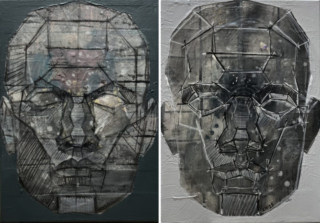 Aleksandra Modzelewska Maska czy twarz S429 i Maska czy twarz S430 (dyptyk), 2023 portret studium głowy twarz szkic na płótnie