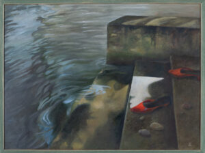 Maria Sadowska Poranna kąpiel, 2012 obraz olejny tradycyjny klasyczne malarstwo czerwone buty woda schody