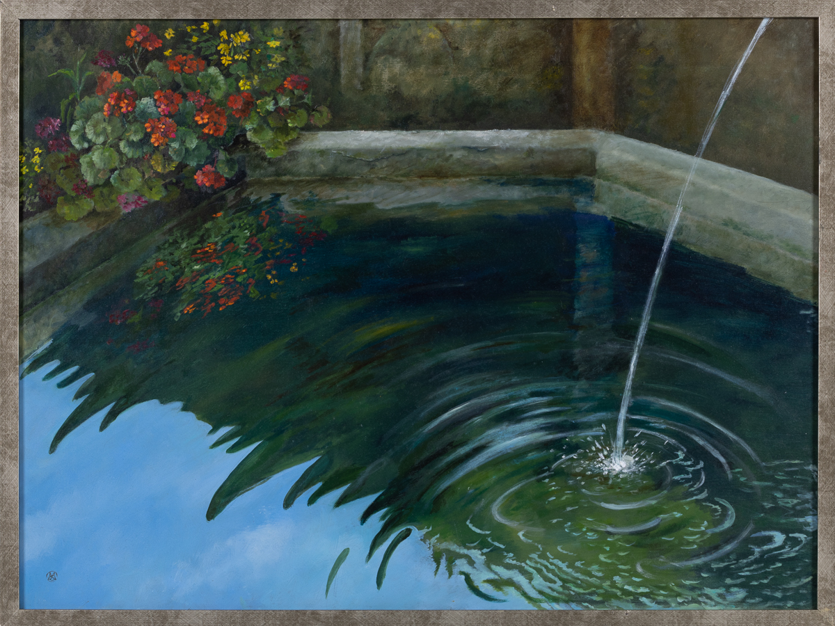 Maria Sadowska Peralgonie z cyklu Aqua – gdzieś we Francji, 2012 malarstwo klasyczne olejne tradycyjne woda kwiaty martwa natura fontanna