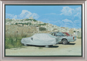 Andrzej Sadowski Siros – Ermoupoli – Parking, 2003 realizm motoryzacja pejzaż samochody podróże obraz klasyczny tradycyjny akryl auta