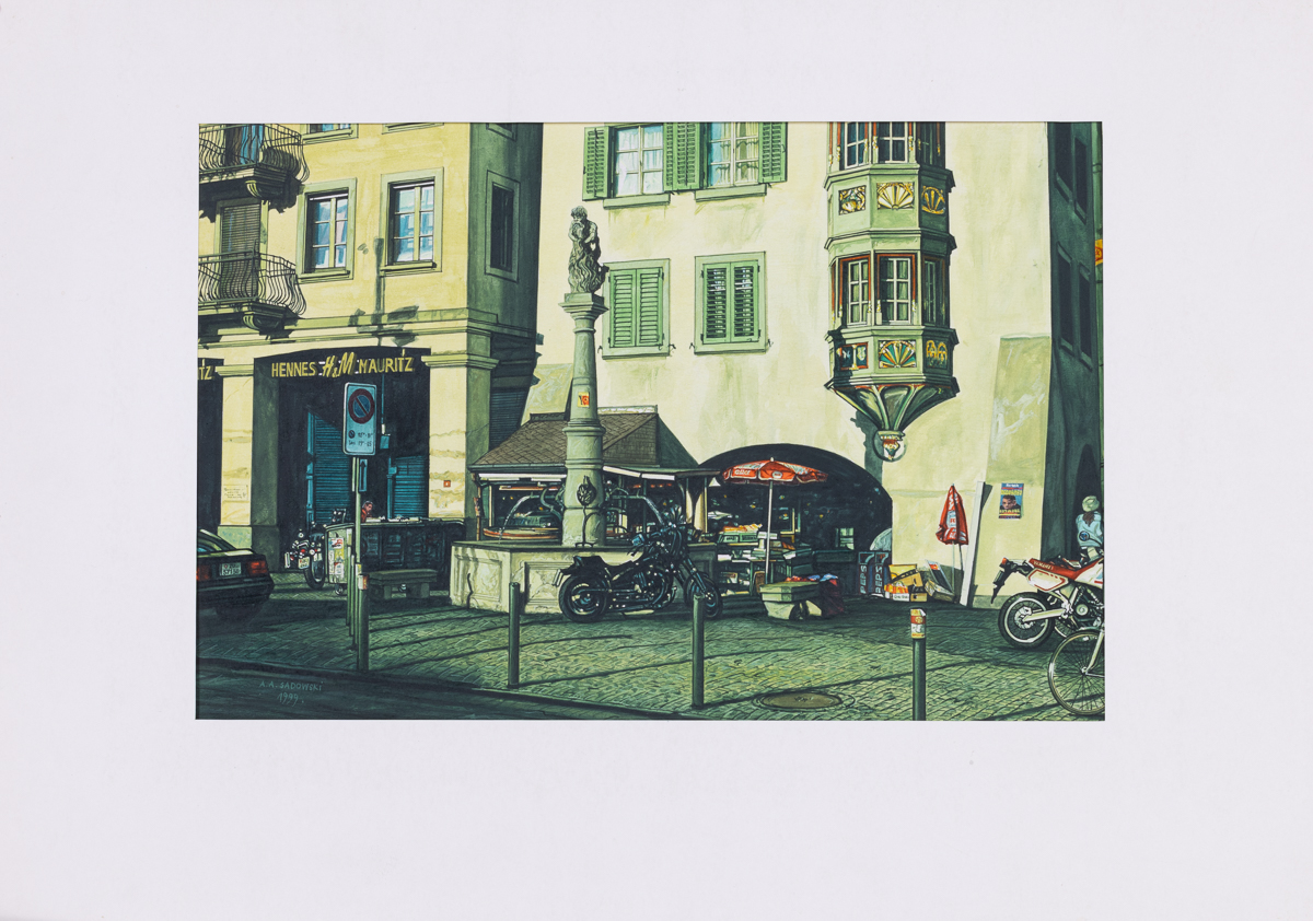 Andrzej Sadowski Zurich – Limmatquai – Zmierzch, 1999 realizm miasto pejzaż miejski weduta samochody motoryzacja architektura budynki