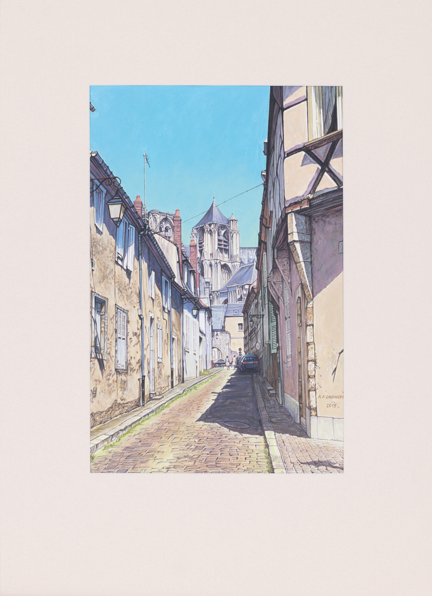 Andrzej Sadowski Bourges – Uliczka z widokiem na Katedrę St-Etienne, 2015 architektura malarstwo realistyczne realizm weduta pejzaż miejski miasto budynki