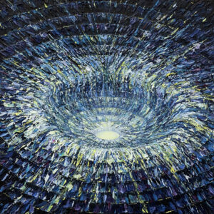 Magdalena Barczyk-Kurus Czasoprzestrzeń z cyklu Intymność światła, 2023 abstrakcja op art niebieska dziura wypukły obraz