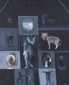 Magdalena Cybulska, Homesick 11, 2019, obraz z domem, postaciami i zwierzętami