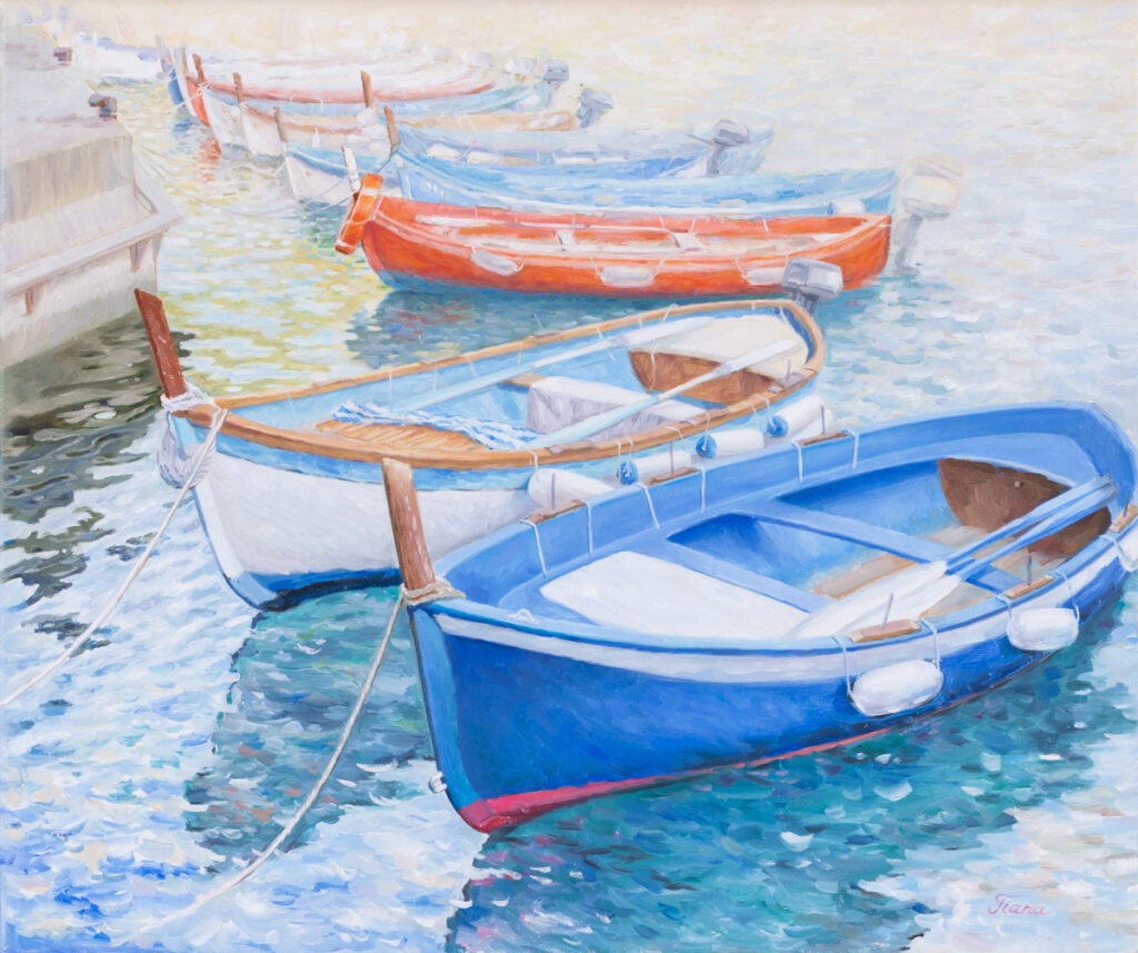 Tiana Breeze, Boats, 2023 – jasny obraz z łódkami na wodzie