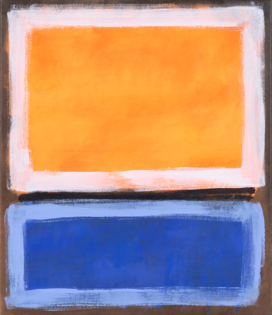 Małgorzata Skuza, Okno, 2023 – kontrastowa abstrakcja z pomarańczem i granatem