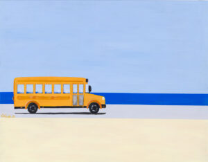 Dawid Orłowski, Wycieczka szkolna, 2023 – jasny obraz z autobusem na tle morza