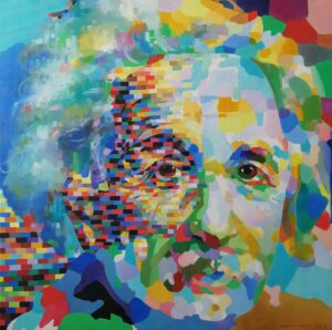 Monika Łakomska, Einstein Abstract, 2020 – ekspresyjny, kolorowy portret Alberta Einsteina