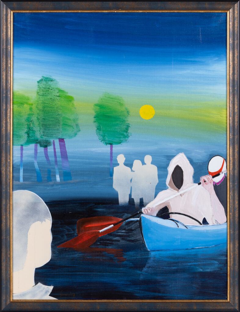 Krzysztof Karewicz, Styks, 2017 – kolorowy obraz z postacią w łodzi nad rzeką