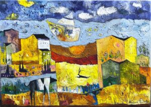 Agnieszka Pawłowska , Czekam na wiatr, 2023 – bajkowy, kolorowy obraz z pejzażem