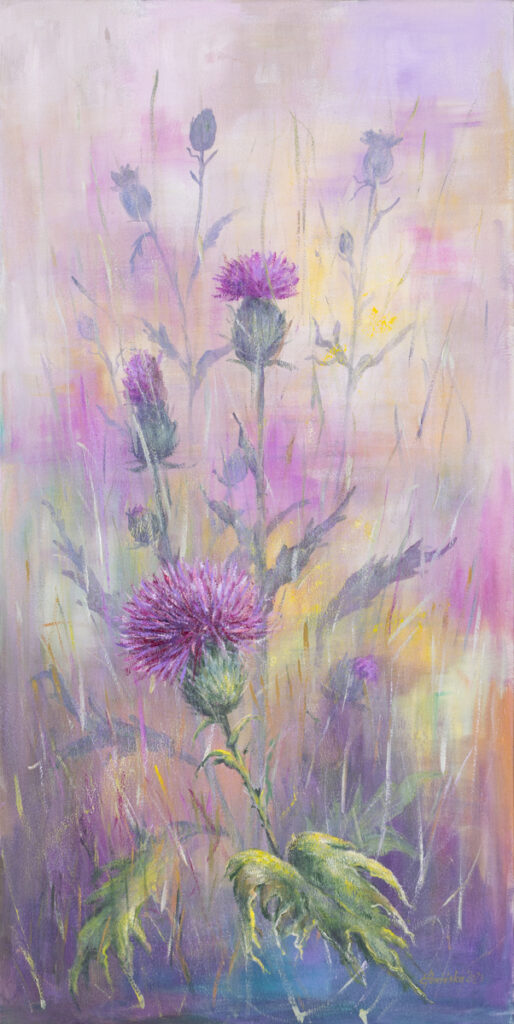 Elżbieta Ponińska Osty, 2023 pastelowy obraz z kwiatami łąka botanika kwiatki różowy fioletowy