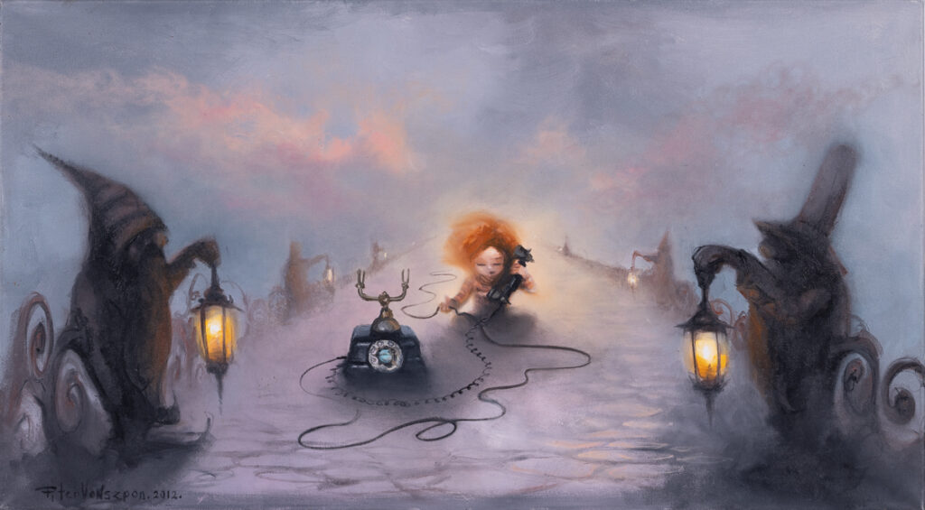 Piter Vonszpon Analogowe centrum dowodzenia, 2012 realizm magiczny dziecko z telefonem ruda postać pejzaż