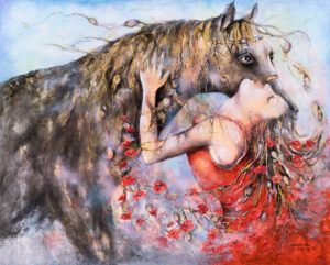 Anna Sandecka-Ląkocy Blacky z cyklu Animals My Love, 2023 koń kobieta kobieta z koniem realizm magiczny zwierzę animalistyka portret