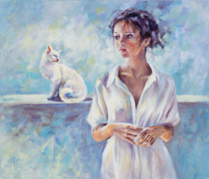 Magdalena Rochoń Upalny poranek, 2023 kobieta portret kot impresjonizm kobieta na balkonie z kotem