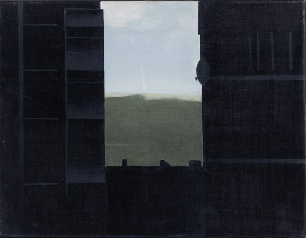 Michał Misiak Deszczowe lato XIV, 2004 pejzaż prześwit architektura góry mały format ciemny obraz
