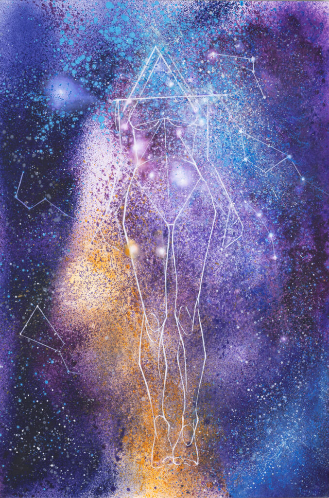 Weronika Pawłowska, Star-Dust, 2022 – gwiezdny pył, motyw galaxy, galaktyka, niebo, gwiazdy, szkic człowieka, akt kobiecy