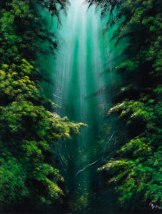 Beata Mura, Oddech lasu, 2023 – zielony obraz z drzewami w lesie