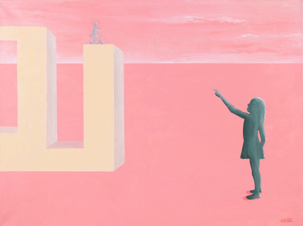 Katarzyna Kudełka Dotyk, 2022 minimalistyczny obraz różowy dziewczynka architektura