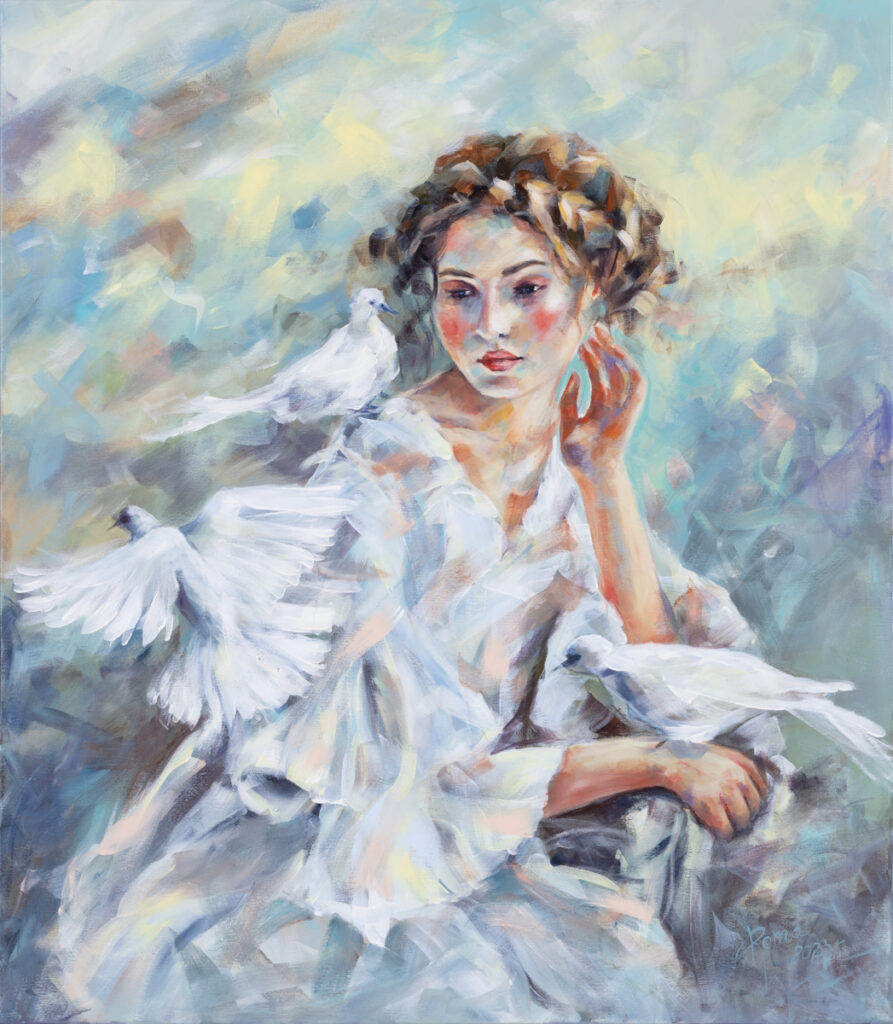 Magdalena Rochoń Skrzydlate szepty, 2023 portret kobiety o poranku biała suknia figuracja dziewczyna w błękitach