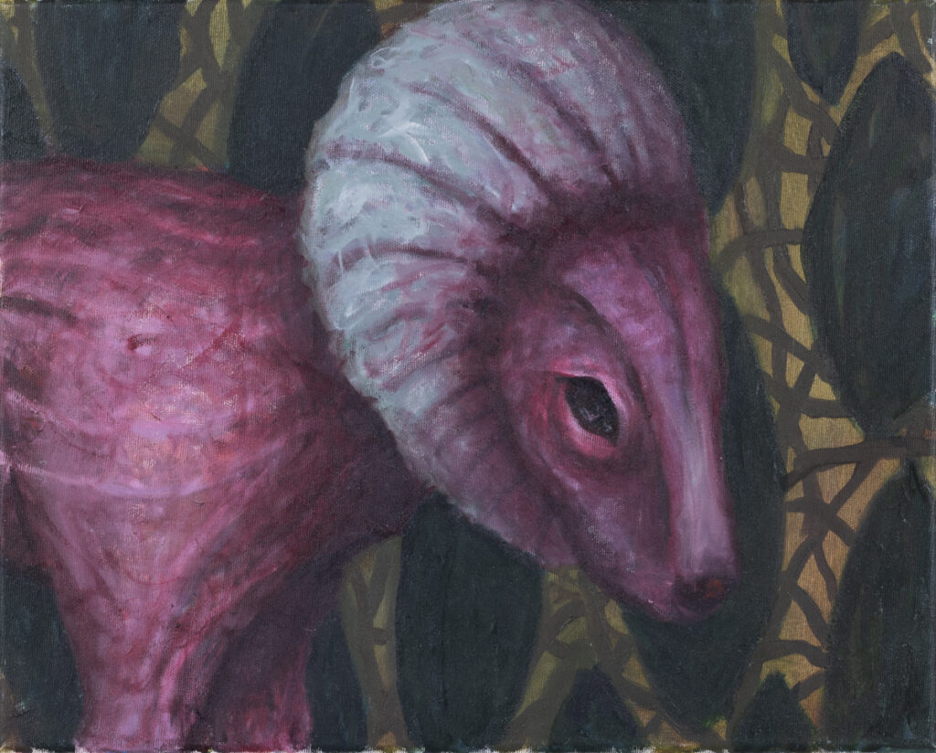 Iza Staręga, z cyklu Zwierzęta, których nie widziałam, ale są, 2023 – obraz kolorowy fantastyczne zwierzę, geometryczne tło
